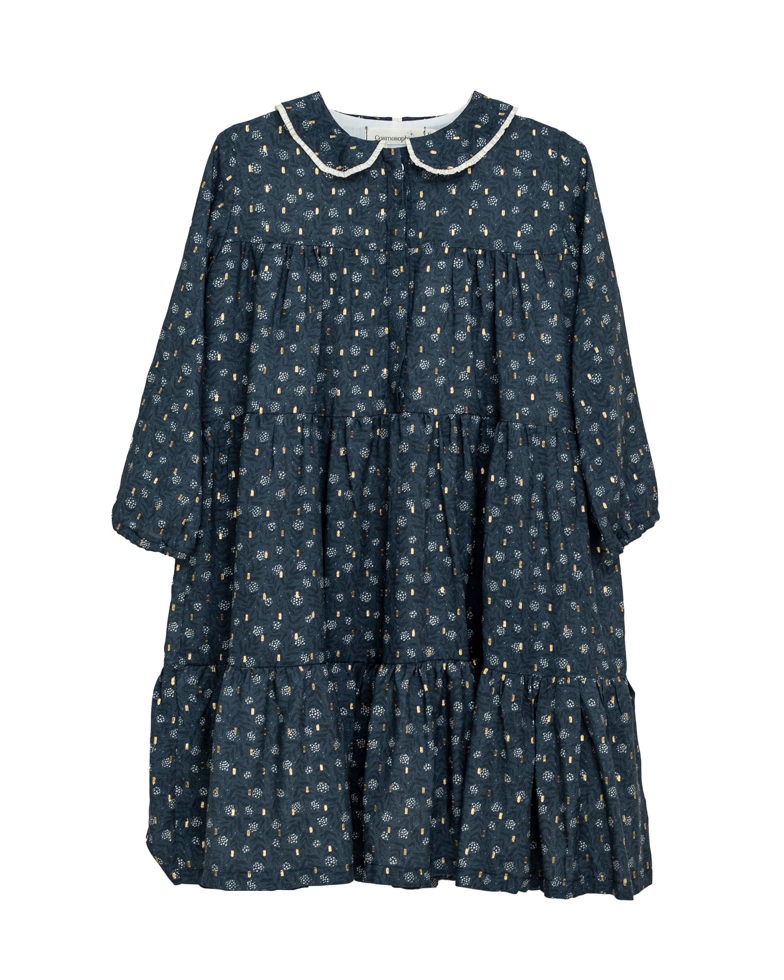 Vestido azul noche con flores y oro Cosmosophie