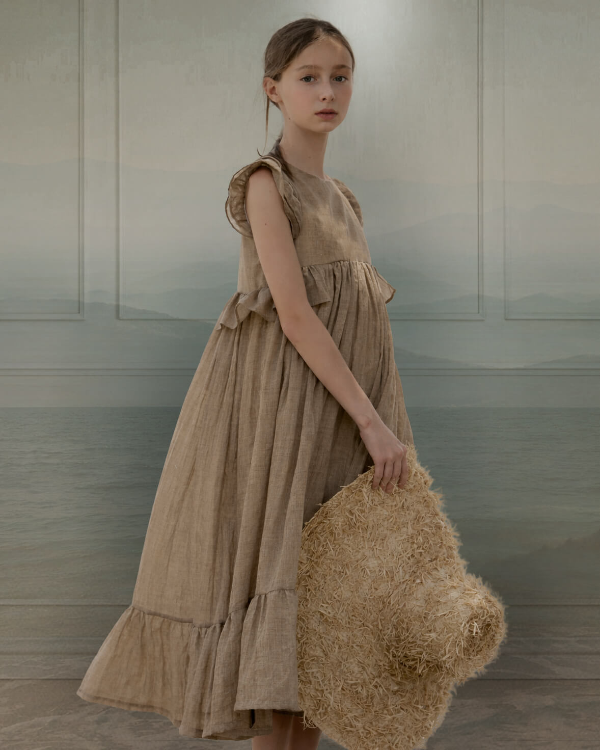 vestido de arras largo el color toffe lino para niñas Cosmosophie