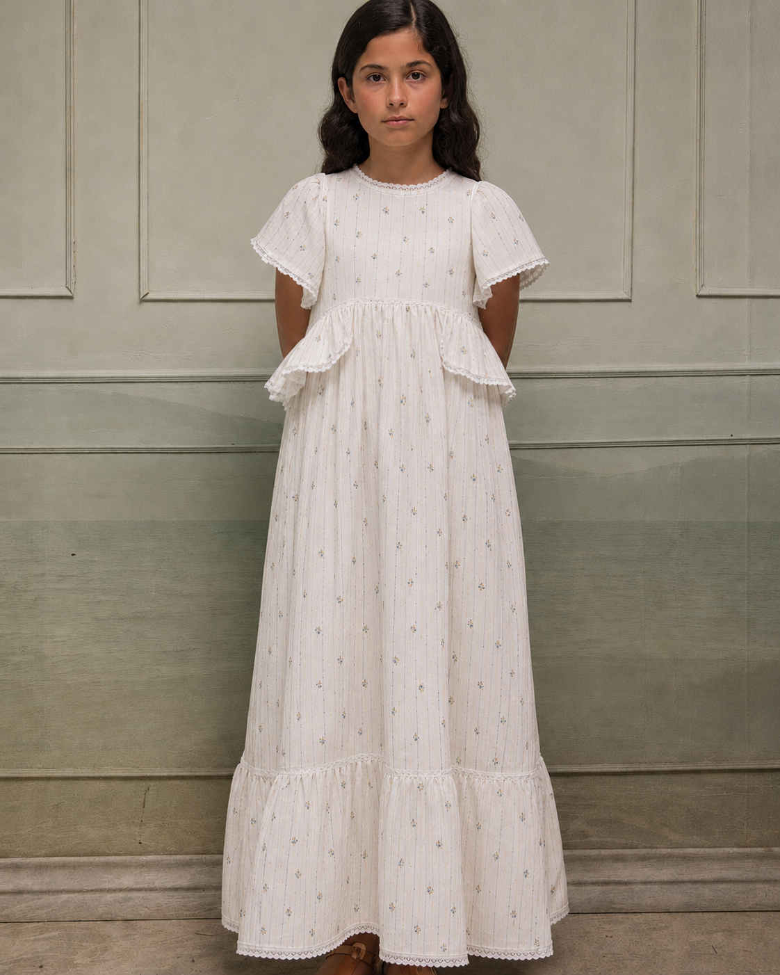 Traje de arras largo para niña de flores con toque dorado Cosmosophie