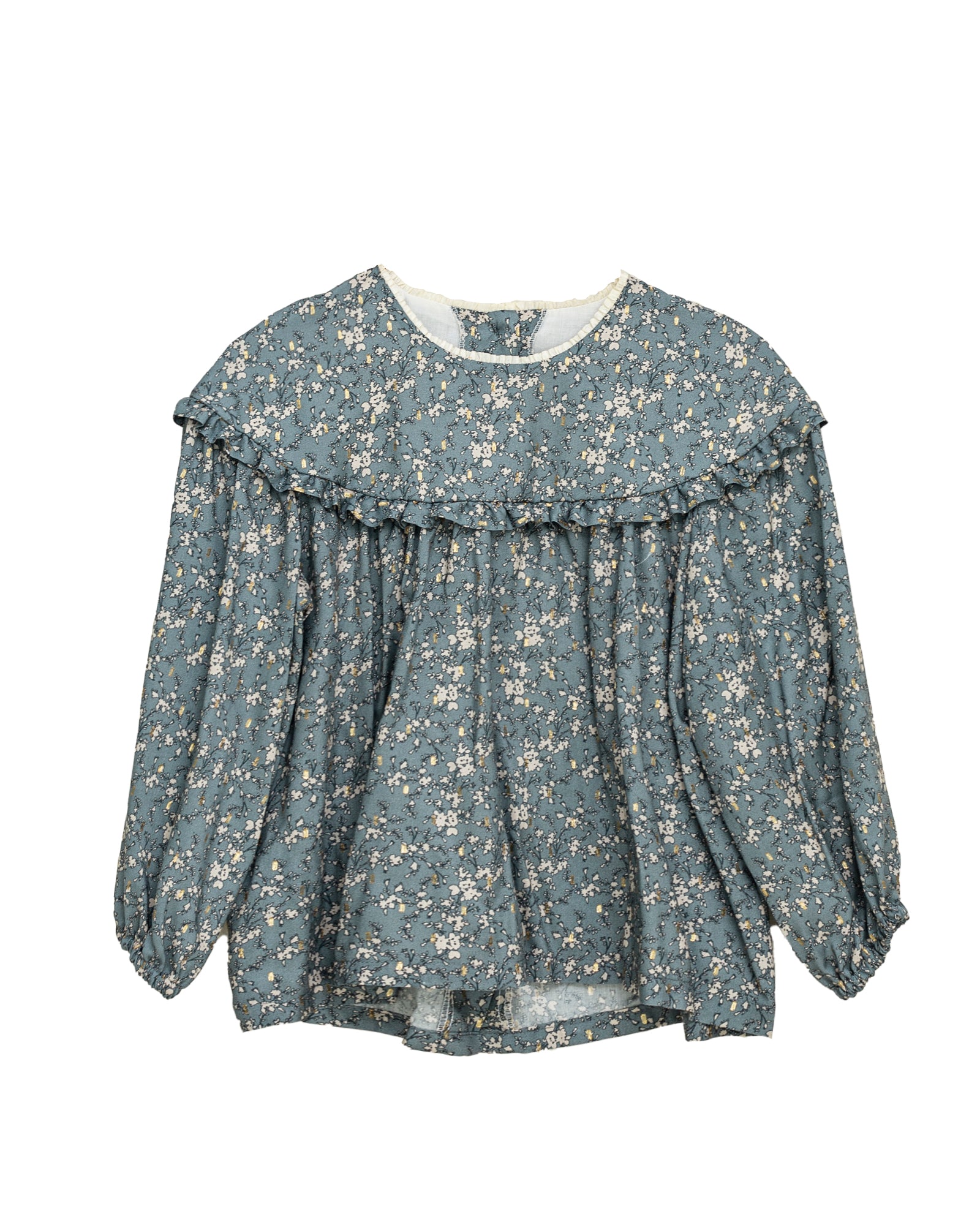 Blusa adolescente azul grisaceo con flores en beige y oro Cosmosophie
