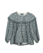 Blusa adolescente azul grisaceo con flores en beige y oro Cosmosophie