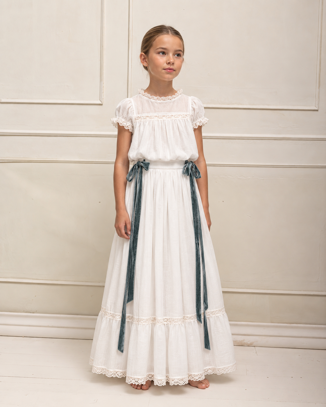 Conjunto de Primera Comunion de falda larga y blusa en blanco roto con encaje, Paola. Cosmosophie.
