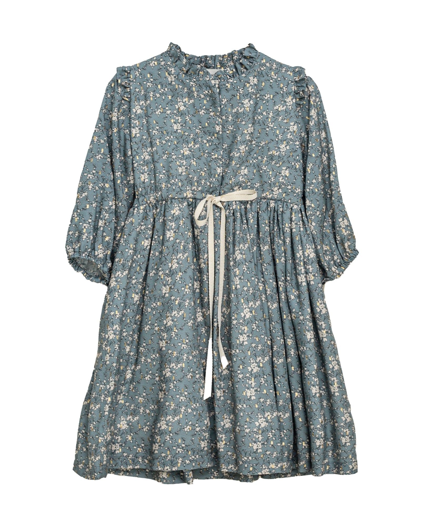 Vestido azul griseace estampado de flores  beige y oro Cosmosophie