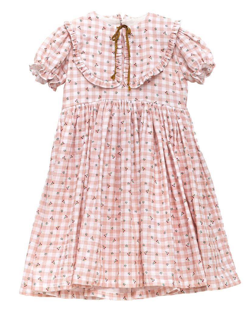 Dress for girl in gingham and flowers print. color pink. peter pan collar. gold bow. for wedding, flower girl, firts comunion, party