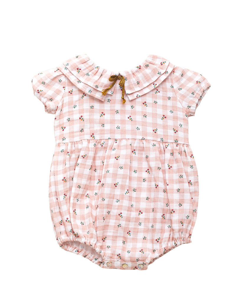 Romper for baby dress in gingham print with flowers. Ruffle neck and gold bow detail. Cosmosophie