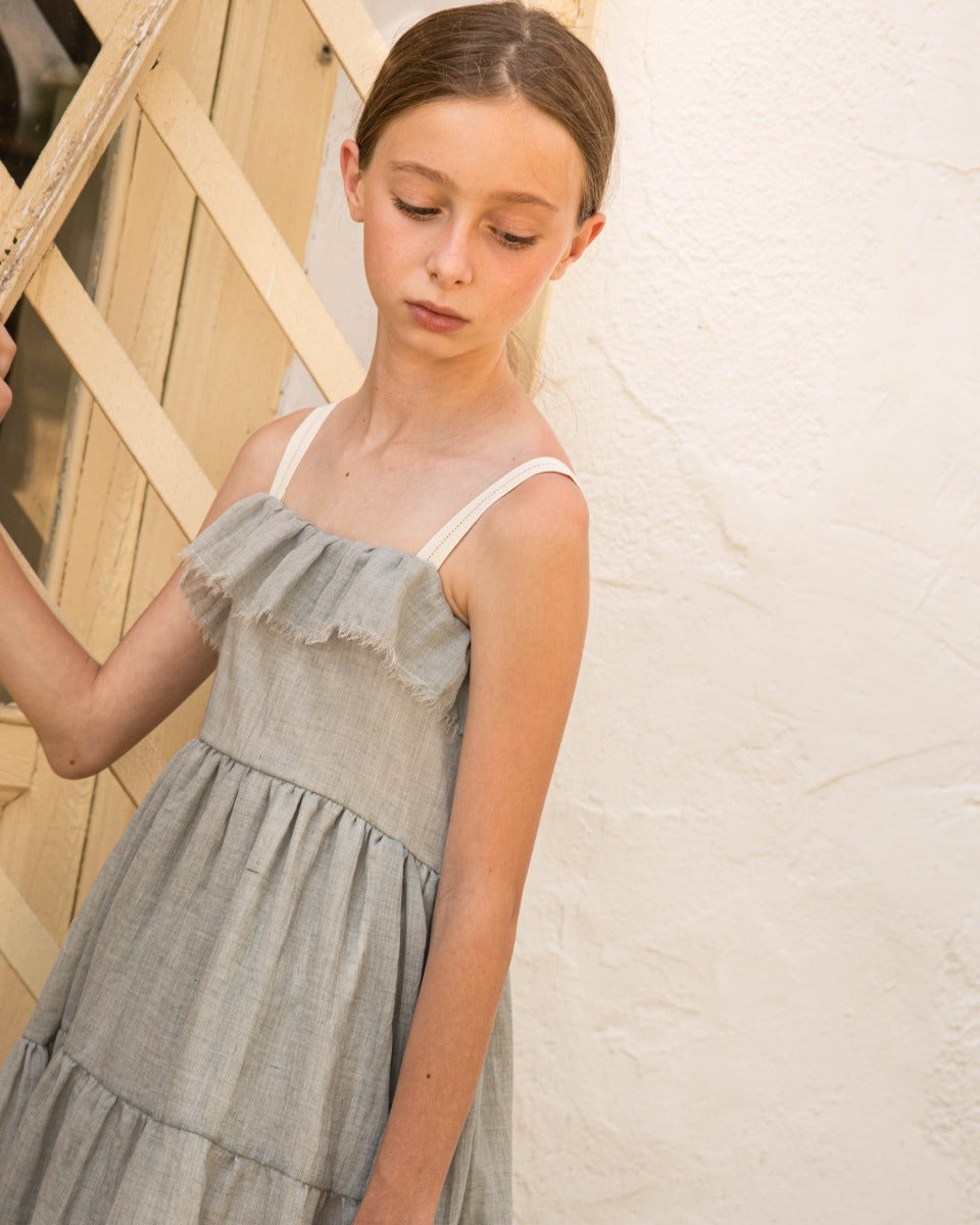 Strap dress with gold detail for wedding comunion baptism flowergirl grey color cosmosphie