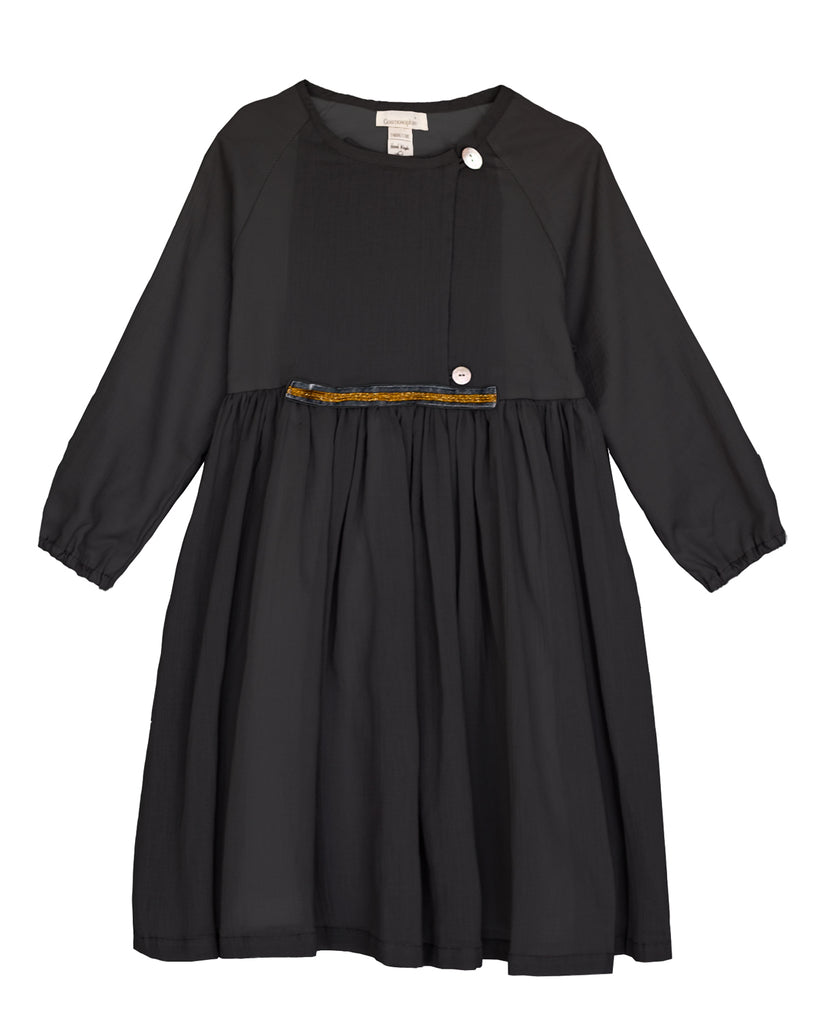 Modest dress in black. Long sleeve. Crossed chest. Velvet and gold detail. European brand dresses
