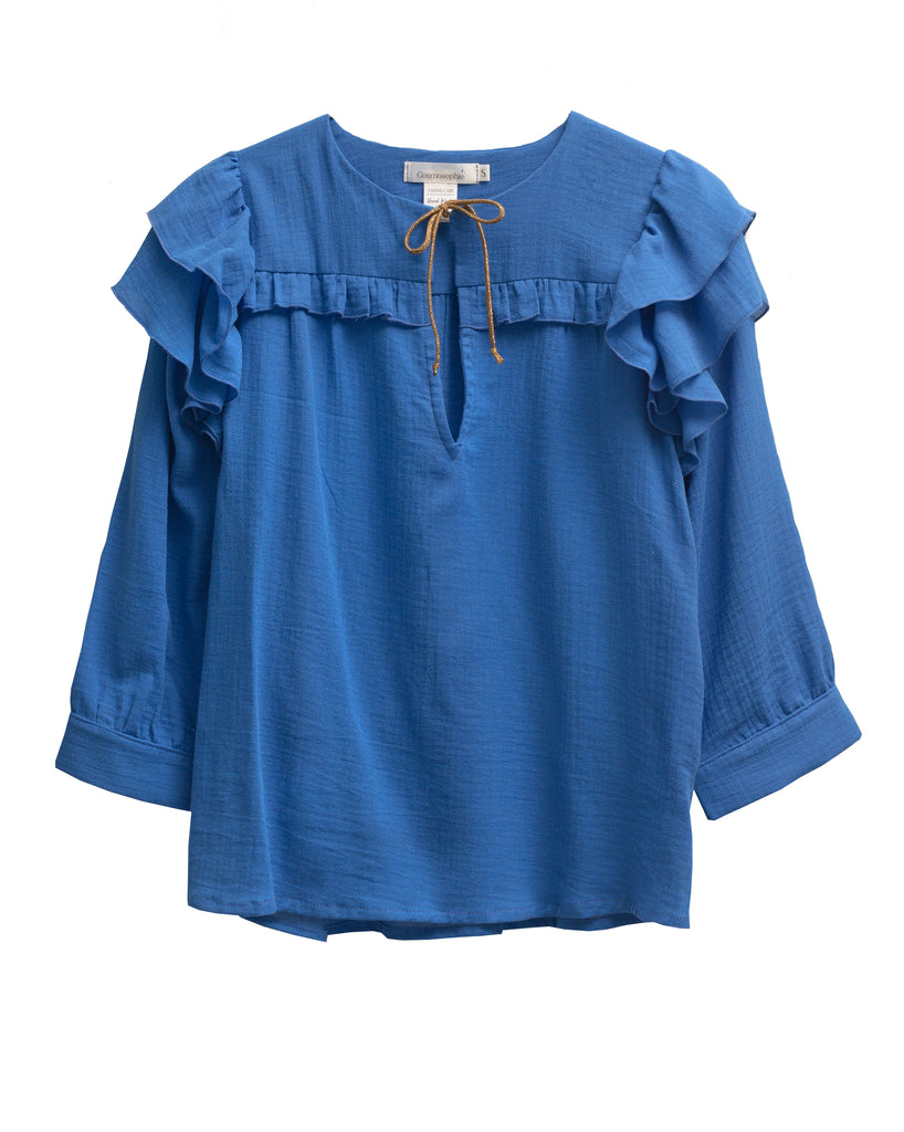 Cyan blue blouse with double ruffle on the sleeve and gold bow on the neck. Three-quarter sleeves and ruffle detail 