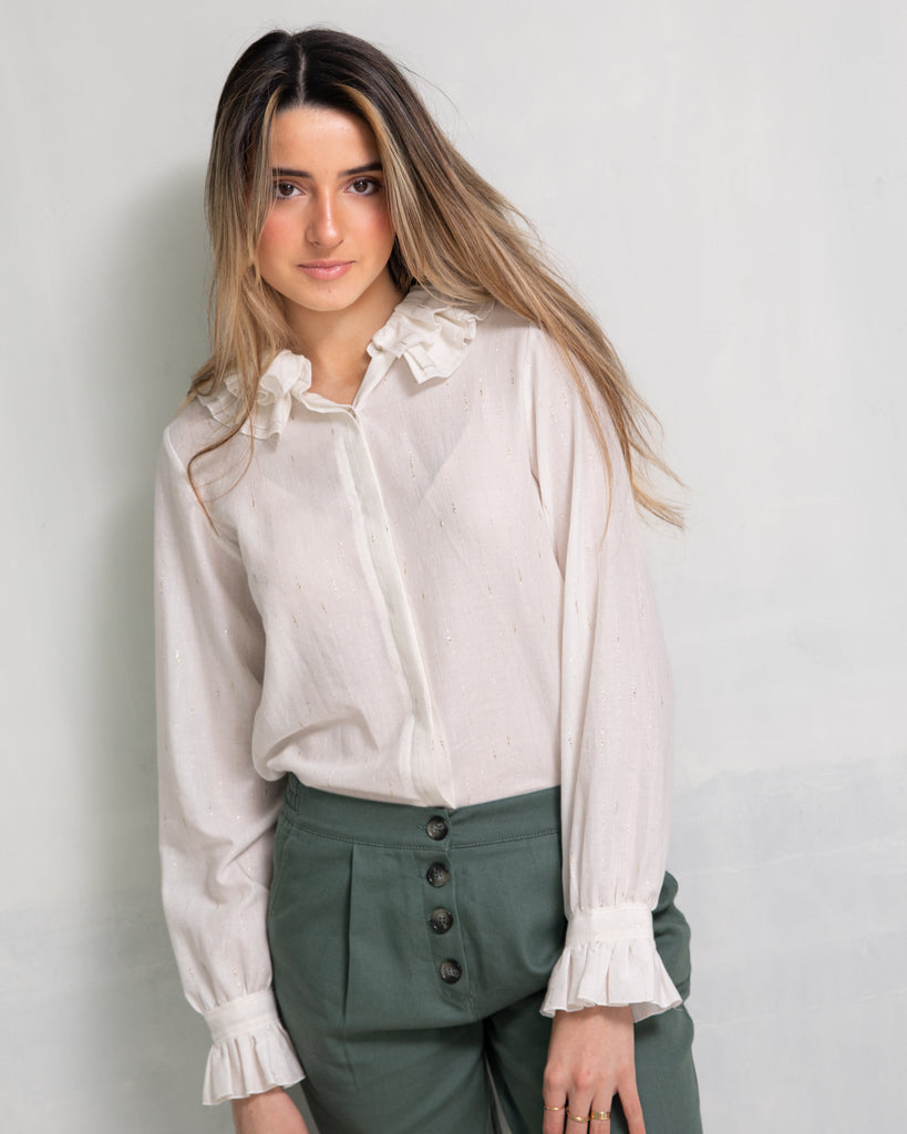 ruffled collar shirt in gold and white viscose