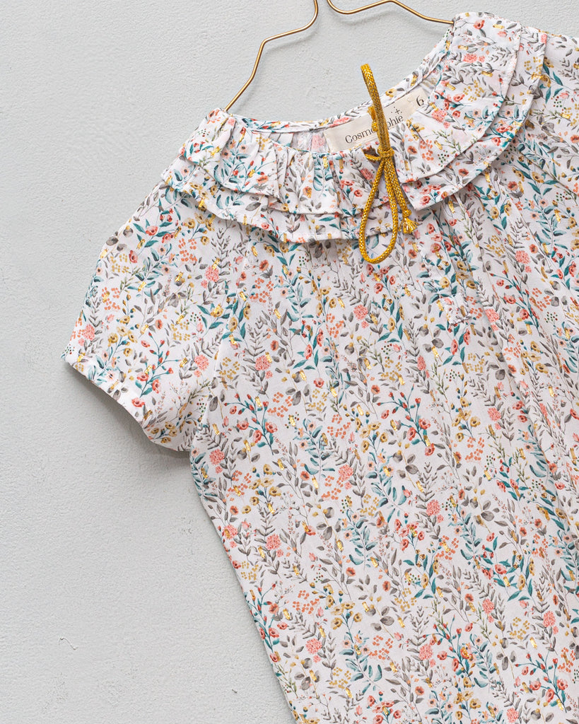 baby shirt ruffled collar in flower print with gold dots