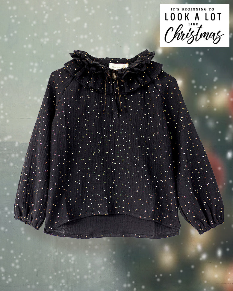 christmas shirt for party special occasion. blusa para navidad para niña negro y oro