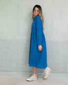 Long dress modest in blue cotton azzure cosmosophie cian dress