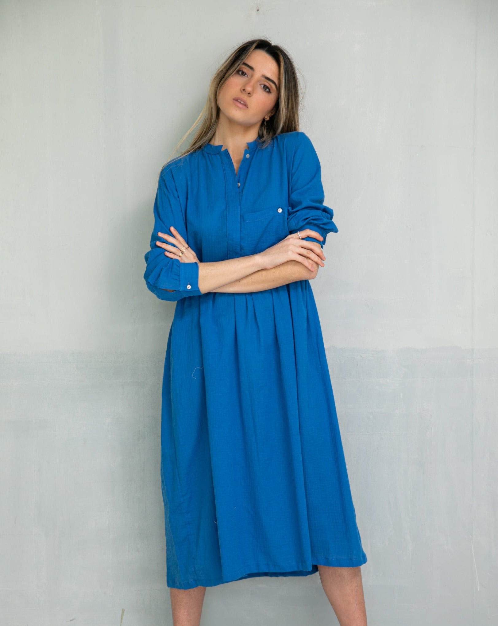 Long dress modest in blue cotton azzure cosmosophie cian dress