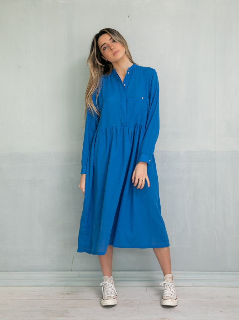 Long dress modest in blue cotton azzure cosmosophie cian dress