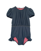 Short sleeve swuimsuit for girl in grey . gold detail. Cosmosophie swimwear