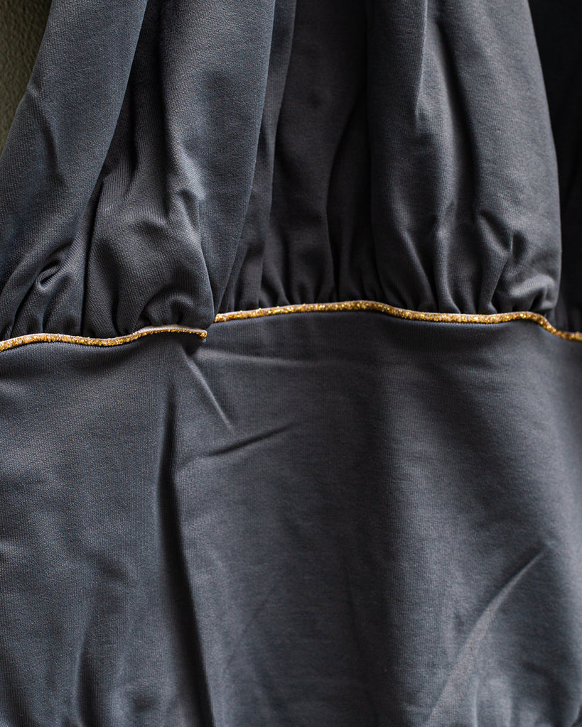 Short sleeve swuimsuit for girl in grey . gold detail. Cosmosophie swimwear